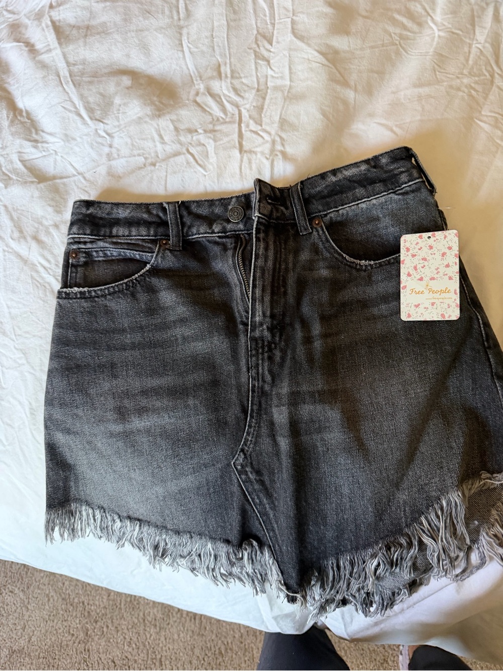 Free People Charcoal Black Denim Shorts with Fringe Hem